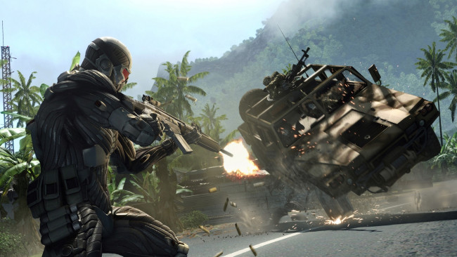 Обои картинки фото видео игры, crysis, солдат, оружие, гильзы, машина