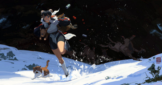 Обои картинки фото аниме, животные,  существа, девушка, кот, собаки, бег, снег, погоня