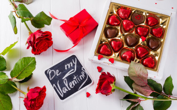 Картинка праздничные день+святого+валентина +сердечки +любовь розы коробка конфеты подарок
