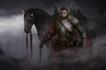 Картинка фэнтези люди туман меч доспех конь мужчина bram sels