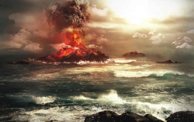 Обои картинки фото 3д, графика, nature, landscape, природа, остров, море, вулкан, извержение