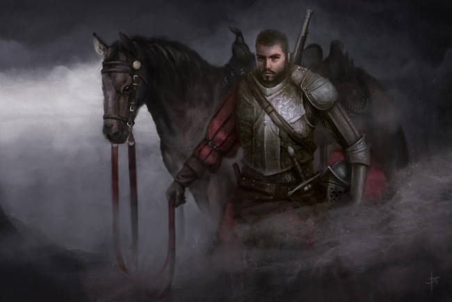 Обои картинки фото фэнтези, люди, туман, меч, доспех, конь, мужчина, bram, sels