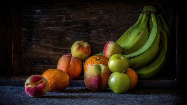 Обои картинки фото еда, фрукты,  ягоды, бананы, персики, апельсины