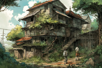 Картинка аниме город +улицы +интерьер +здания старый заросший дом