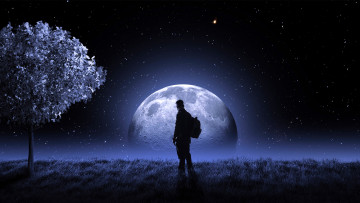 Картинка разное компьютерный+дизайн мужчина рюкзак ночь дерево луна трава