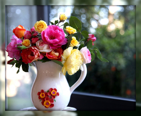 Обои картинки фото цветы, розы, кувшин, букет