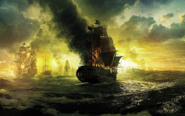 Обои картинки фото pirates, ship, on, fire, кино, фильмы, of, the, caribbean, stranger, tides, бой, морской, пират, парусник, корабль