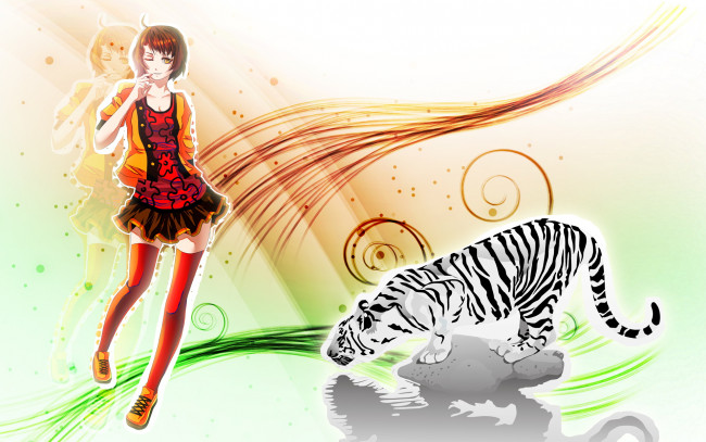 Обои картинки фото аниме, animals, тигр, девушка