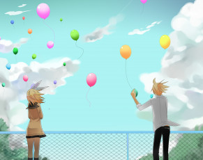 Картинка аниме vocaloid школьники форма kagamine rin len вокалоид temari арт облака парень небо забор шарики девушка