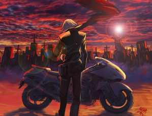 обоя аниме, -weapon,  blood & technology, мотоцикл, парень, kikira, арт, кладбище, облака, небо, шарф, закат, солнце, кресты