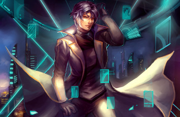 Картинка аниме -weapon +blood+&+technology art solaris vii огни город парень clandestineknight ночь небоскребы
