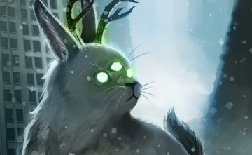 Картинка фэнтези существа романтика апокалипсиса alexiuss арт мутант кошка рога зима снег