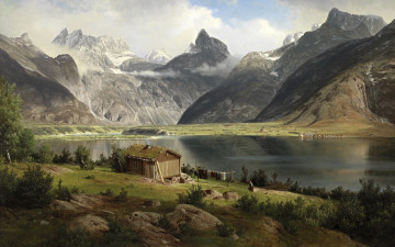 Картинка рисованные живопись горы озеро дом