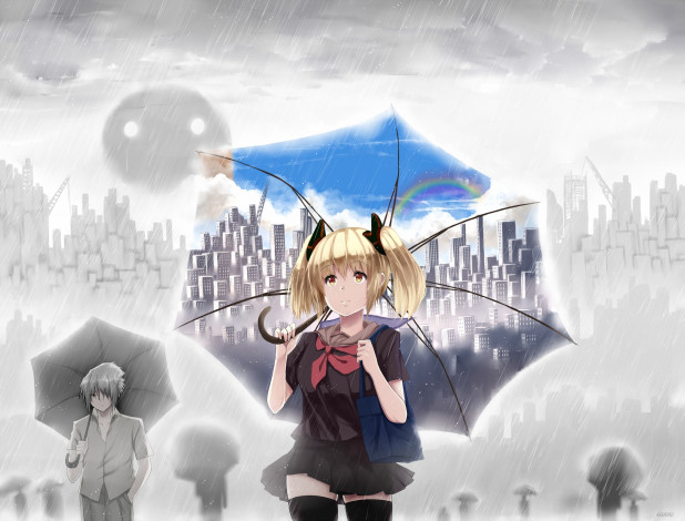 Обои картинки фото аниме, *unknown , другое, дома, люди, школьница, дождь, облака, небо, город, зонт, девушка, hewsack, арт, радуга, парень, сумка