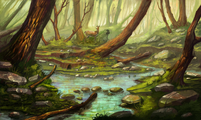 Обои картинки фото рисованные, природа, лес, река, олень