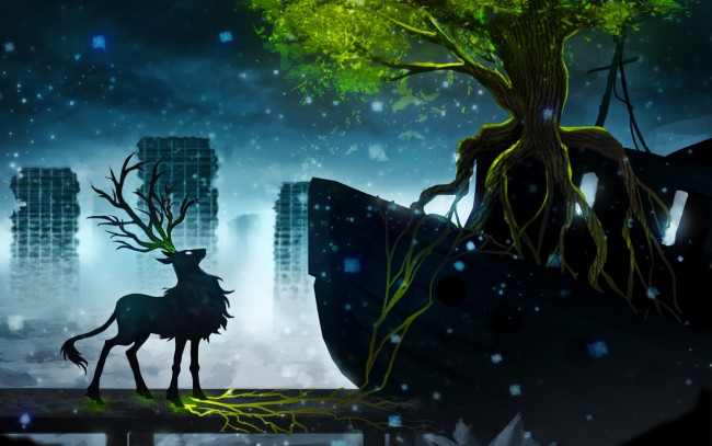 Обои картинки фото фэнтези, существа, романтика, апокалипсиса, олень, дерево, город, снег
