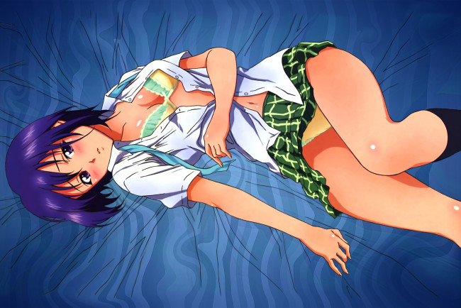 Обои картинки фото аниме, to-love-ru, лежит, кровать, взгляд, девушка, форма, sairenji, haruna
