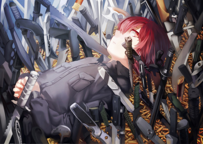 Обои картинки фото аниме, -weapon,  blood & technology, парень, ножи, холодное, оружие, красные, волосы, взгляд