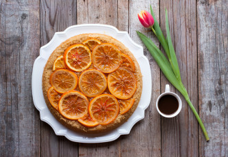 Картинка еда пироги кофе доски пирог апельсины тюльпан цветок чашка