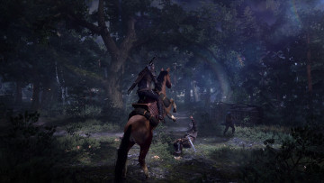 обоя the witcher 3,  wild hunt, видео игры, люди, лошадь, лес