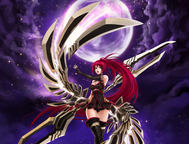 Обои картинки фото аниме, kaku-san-sei million arthur, луна, девушка, меч, крылья, ночь