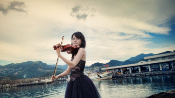 Картинка музыка -другое девушка водоем скрипка взгляд