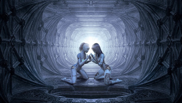 Картинка фэнтези роботы +киборги +механизмы киборги искусственный интеллект будущее голубой пространство свет серый тоннель фон футуристика люди человек девушки тату фантастика