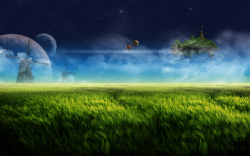 Картинка разное компьютерный+дизайн шары воздушные поле мельницы облака остров небо планеты