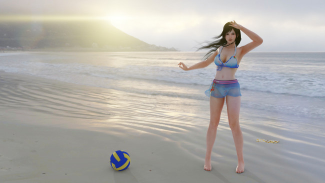 Обои картинки фото 3д графика, спорт , sport, фон, взгляд, девушка, мяч, пляж
