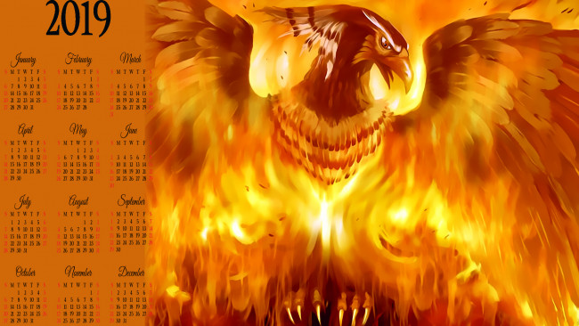 Обои картинки фото календари, фэнтези, пламя, птица