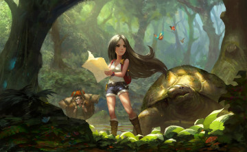 Картинка фэнтези люди девушка мужчина джунгли черепаха карта