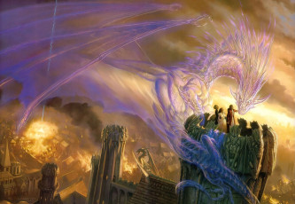 Картинка фэнтези драконы замок огонь башня люди пожар