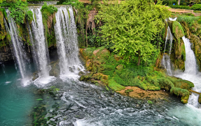 Обои картинки фото природа, водопады, река, деревья, кусты, водопад