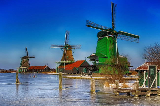 Обои картинки фото разное, мельницы, голландия, река, поселок