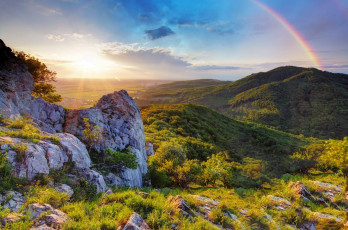 Картинка природа радуга облака трава горы закат пейзаж