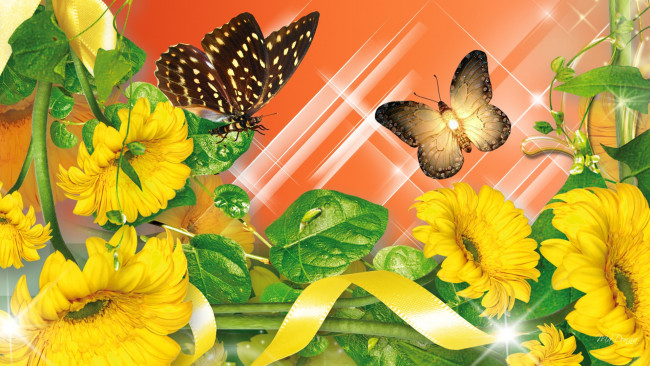 Обои картинки фото разное, компьютерный дизайн, цветы, бабочки