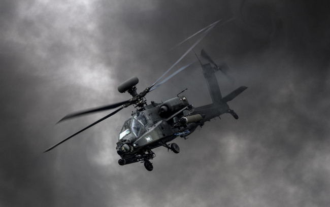 Обои картинки фото ah-64d apache `longbow` ah1, авиация, вертолёты, тучи, вертолет, полет, ударный
