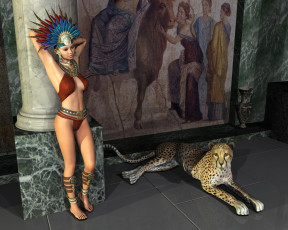 Картинка 3д+графика фантазия+ fantasy девушка тигр взгляд фон