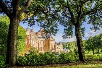 Картинка города -+дворцы +замки +крепости ветки солнце шотландия зелень замок кусты glenapp castle деревья сад цветы