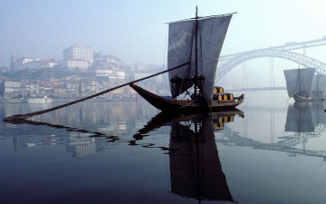 Картинка корабли парусники лодка мост город вода парус весло