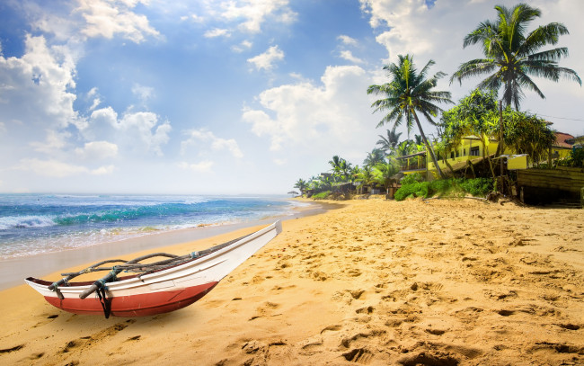 Обои картинки фото корабли, лодки,  шлюпки, пальмы, paradise, берег, palms, пляж, sea, песок, море, sand, shore, beach, summer, tropical