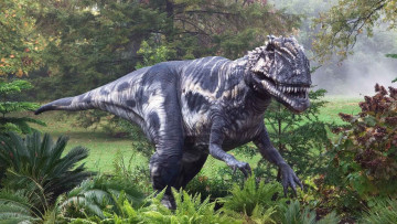 обоя tyrannosaurus, rex, разное, рельефы, статуи, музейные, экспонаты, поляна, заросли, динозавр