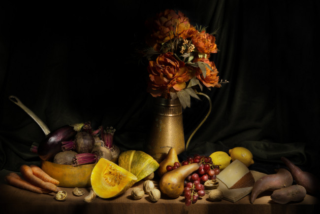 Обои картинки фото еда, натюрморт, батат, свекла, цветы, виноград, груша, тыква