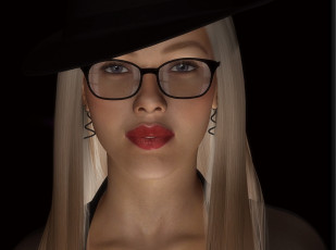 Картинка 3д+графика портрет+ portraits девушка взгляд фон шляпа очки
