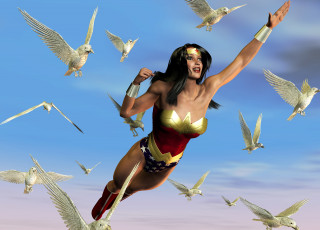 Картинка 3д+графика фантазия+ fantasy птицы полет супермен фон взгляд девушка