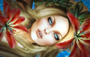 Картинка 3д+графика портрет+ portraits девушка лицо волосы лилии цветы