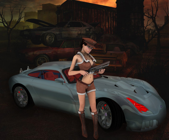 Обои картинки фото 3д графика, фантазия , fantasy, автомобиль, девушка, оружие, взгляд, фон