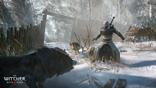 Обои картинки фото the witcher 3,  wild hunt, видео игры, волки, человек, снег, зима