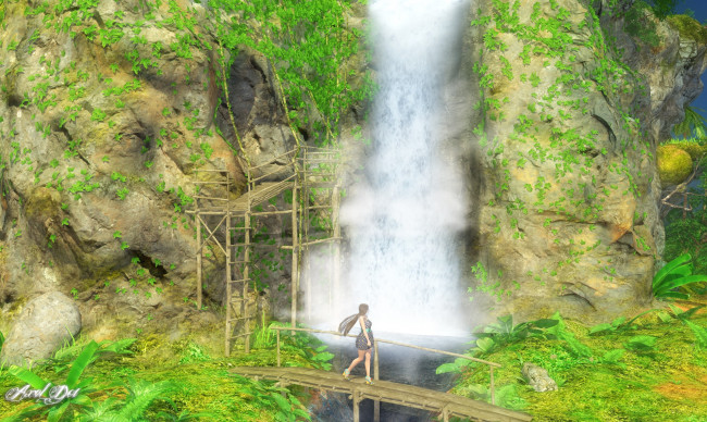 Обои картинки фото 3д графика, природа , nature, поток, скала, пещера, лестница, девушка, водопад, мост