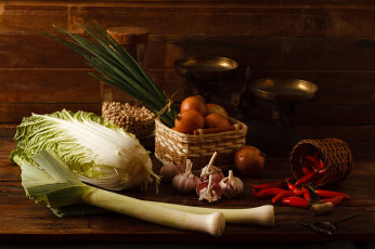 Картинка еда натюрморт чеснок лук капуста перец овощи